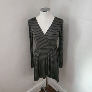 Express Womens Olive Green Black Striped Long Sleeve Wrap‎ Dress V-Neck Small